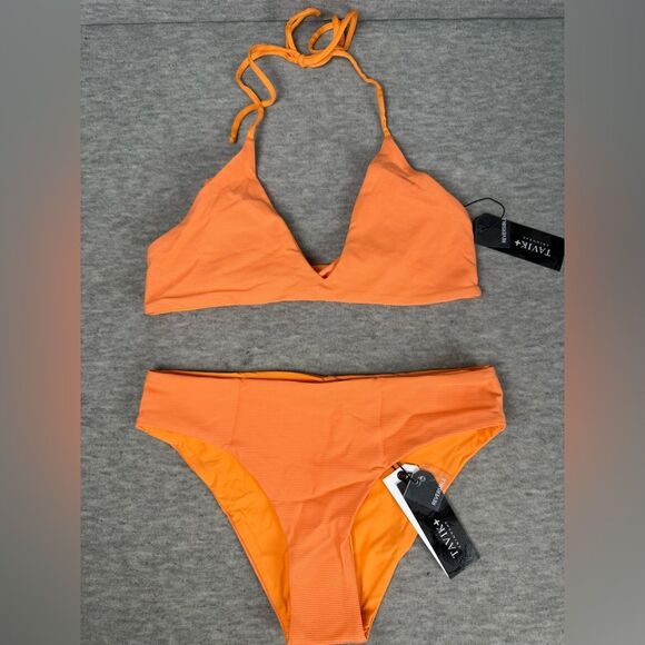 Tavik Reversible Jett Triangle Bikini Set Women XS Orange Nylon Stretch Swimwear - Picture 1 of 5